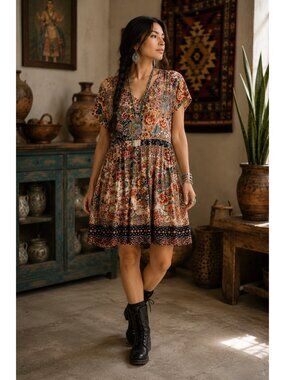 Johnny Was Los Angeles Floral Patchwork Knee Length Dress Boho Women’s L